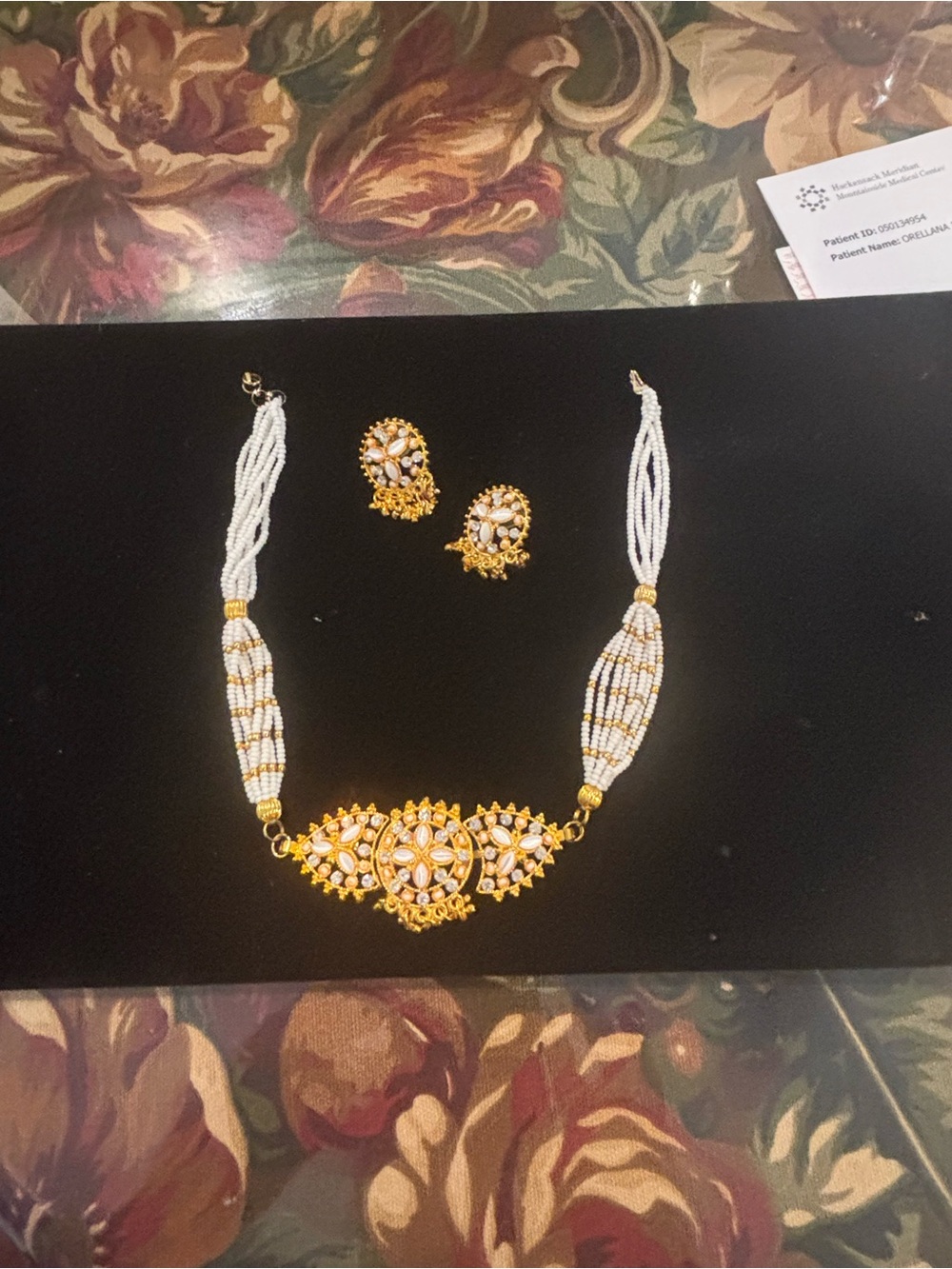 Gold-Tone White Beaded Floral Necklace & Earrings Set
